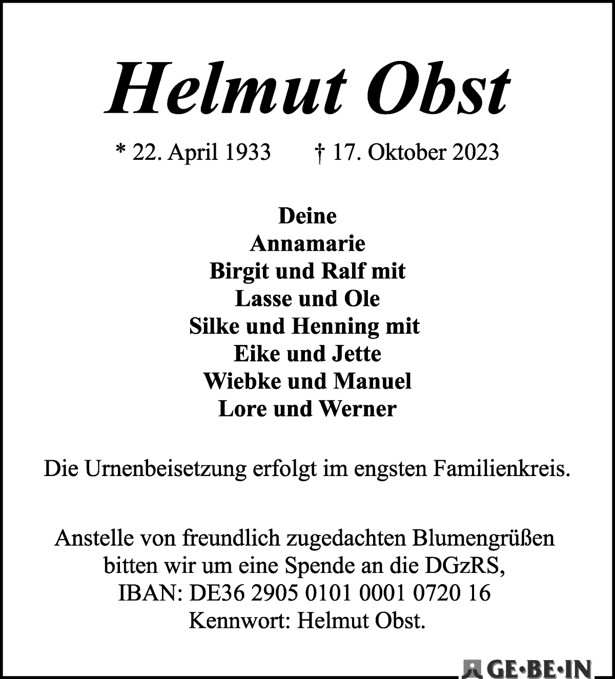 Traueranzeige von Helmut Obst von WESER-KURIER