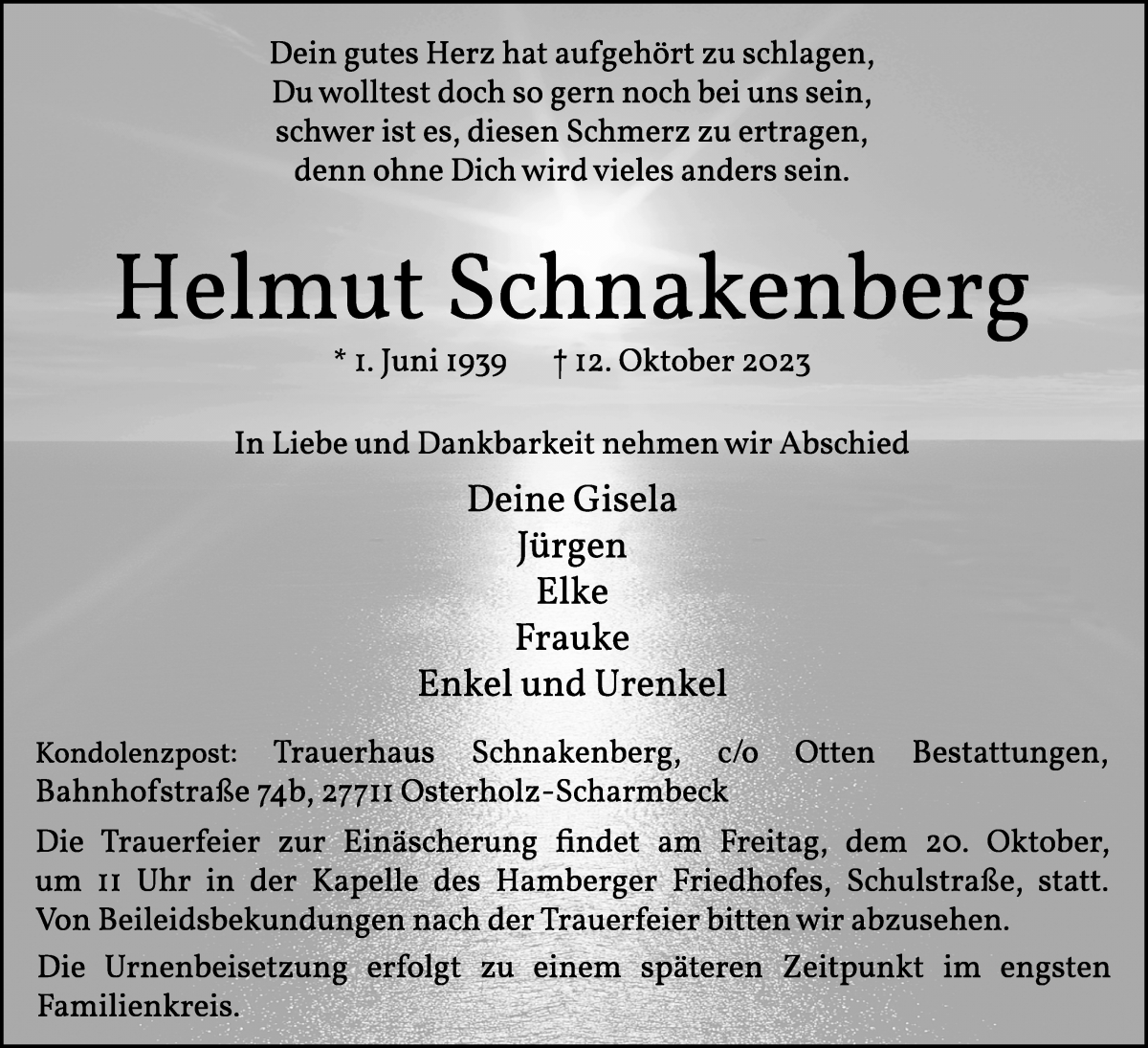 Traueranzeige von Helmut Schnakenberg von Osterholzer Kreisblatt