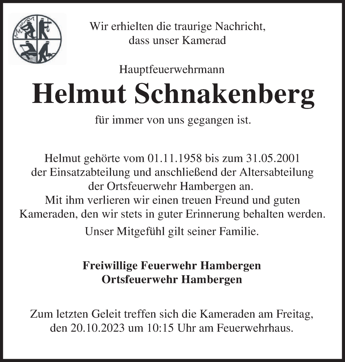Traueranzeige von Helmut Schnakenberg von Osterholzer Kreisblatt