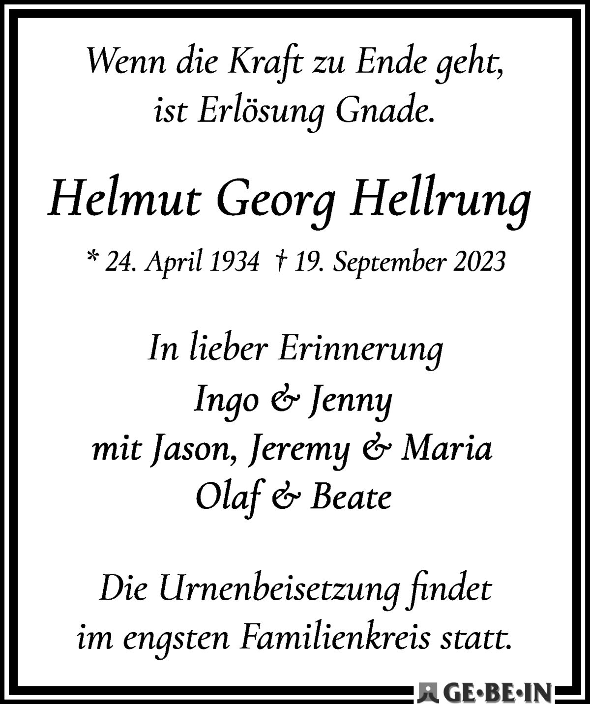 Traueranzeige von Helmut Georg Hellrung von WESER-KURIER