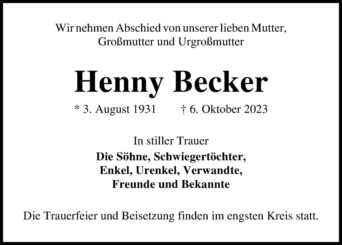 Traueranzeige von Henny Becker von WESER-KURIER