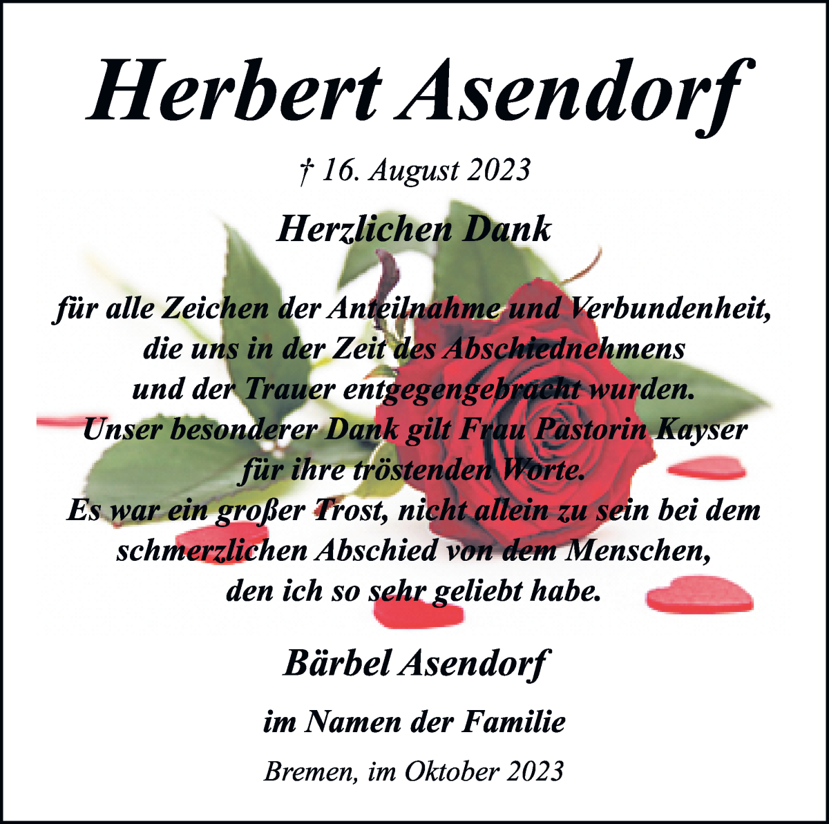Traueranzeige von Herbert Asendorf von WESER-KURIER