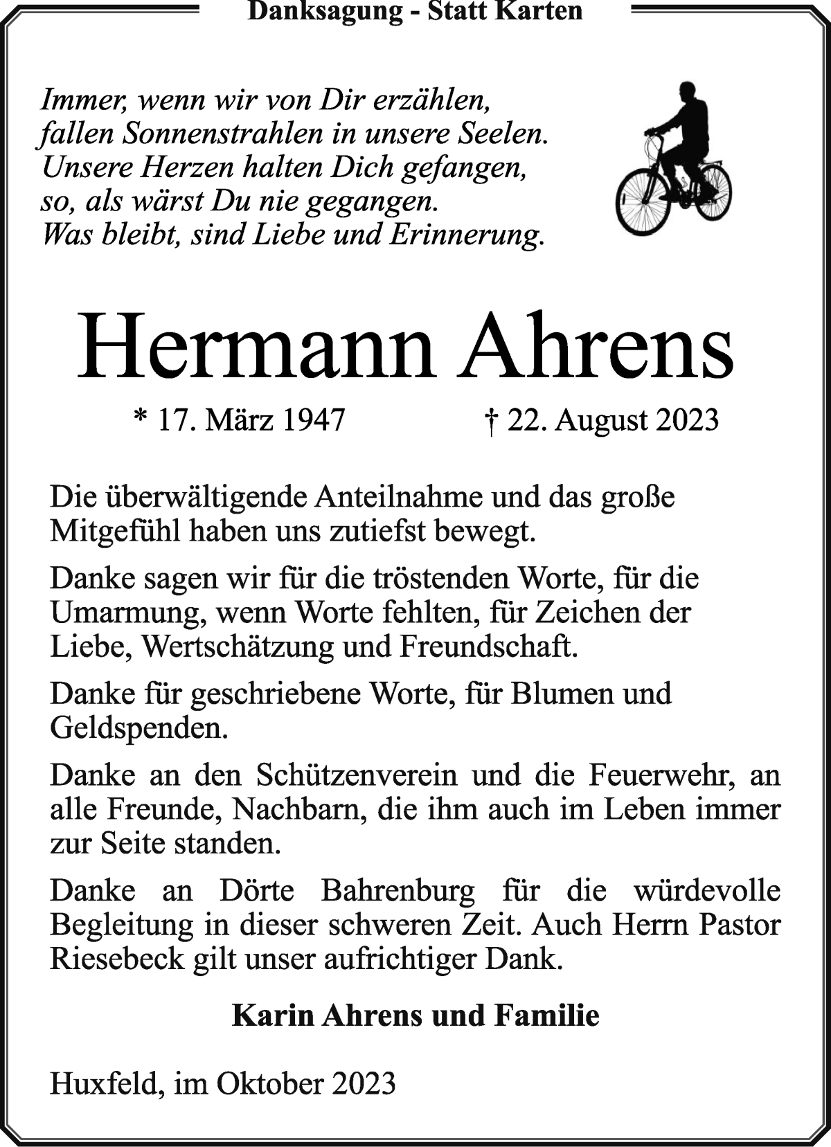 Traueranzeige von Hermann Ahrens von Wuemme Zeitung