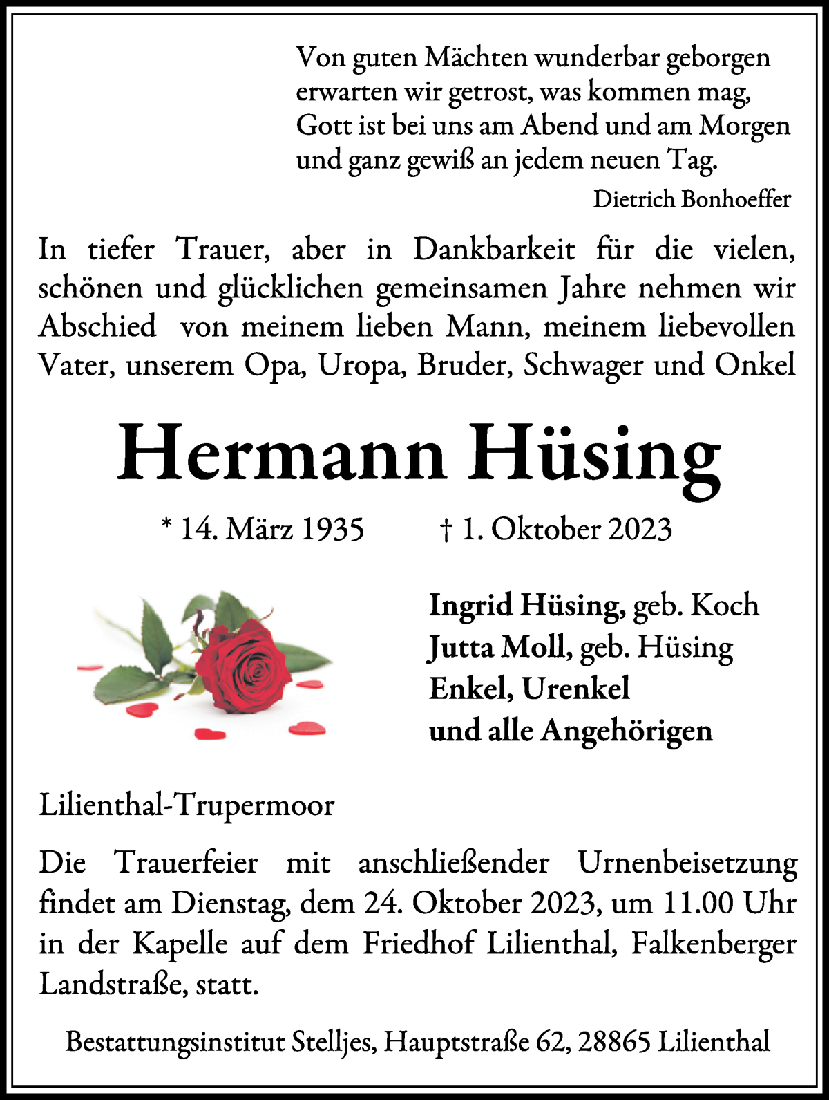 Traueranzeige von Hermann Hüsing von WESER-KURIER