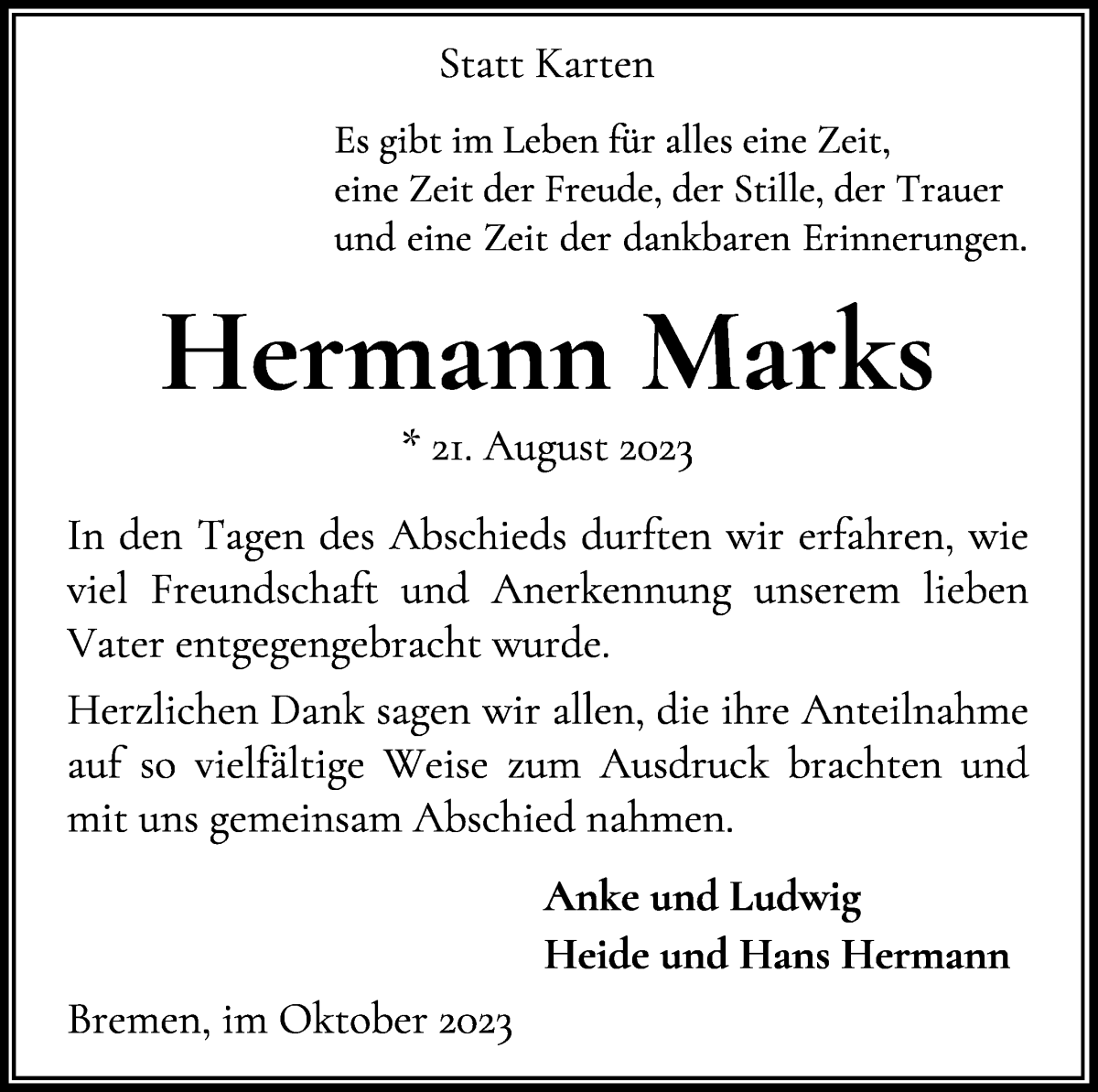 Traueranzeige von Hermann Marks von WESER-KURIER