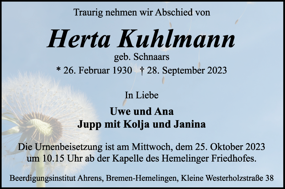 Traueranzeige von Herta Kuhlmann von WESER-KURIER