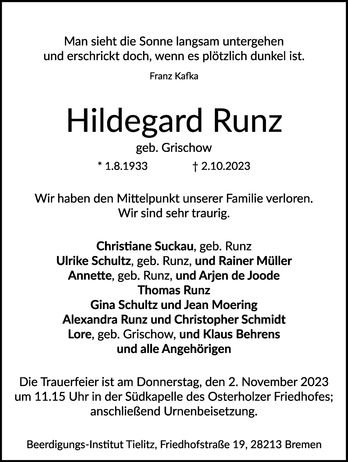 Traueranzeige von Hildegard Runz von WESER-KURIER