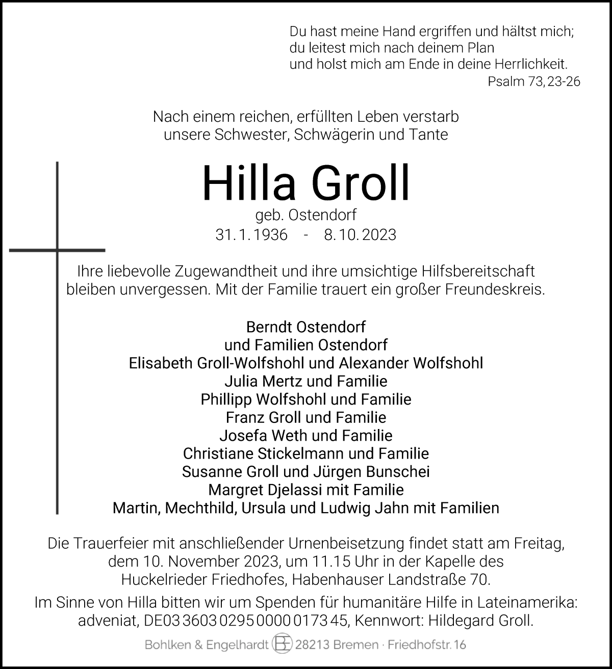Traueranzeige von Hilla Groll von WESER-KURIER