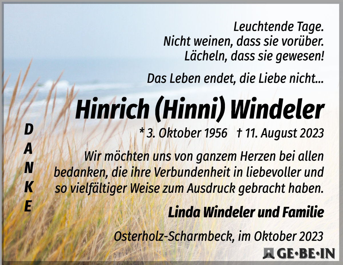 Traueranzeige von Hinrich (Hinni) Windeler von Osterholzer Kreisblatt