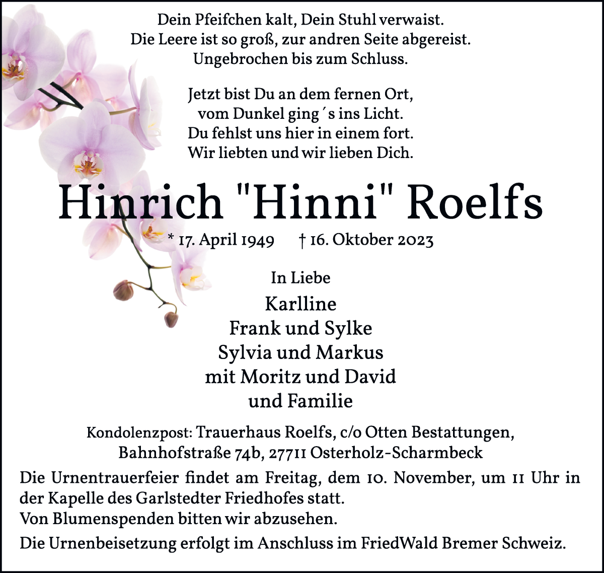 Traueranzeige von Hinrich Roelfs von Osterholzer Kreisblatt