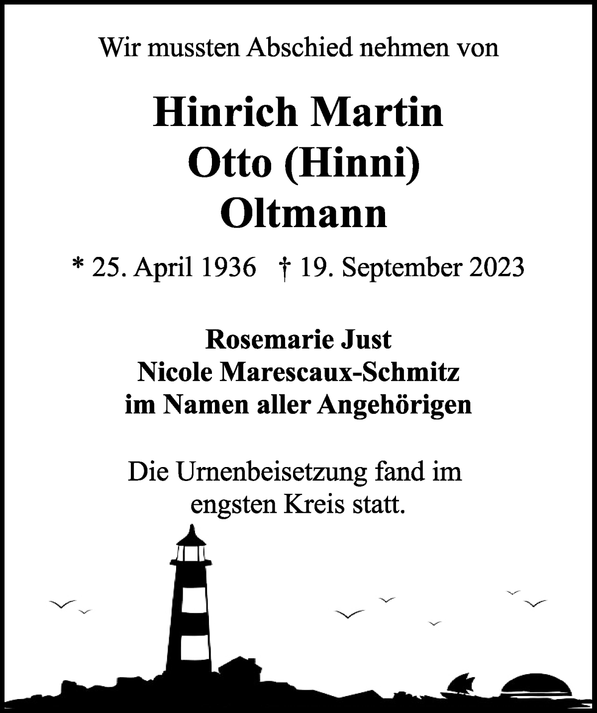 Traueranzeige von Hinrich Martin Otto (Hinni) Oltmann von WESER-KURIER