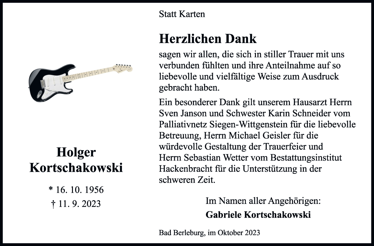 Traueranzeige von Holger Kortschakowski von Die Norddeutsche