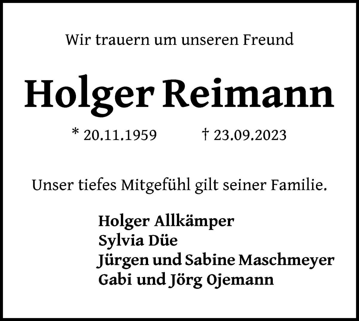 Traueranzeige von Holger Reimann von WESER-KURIER
