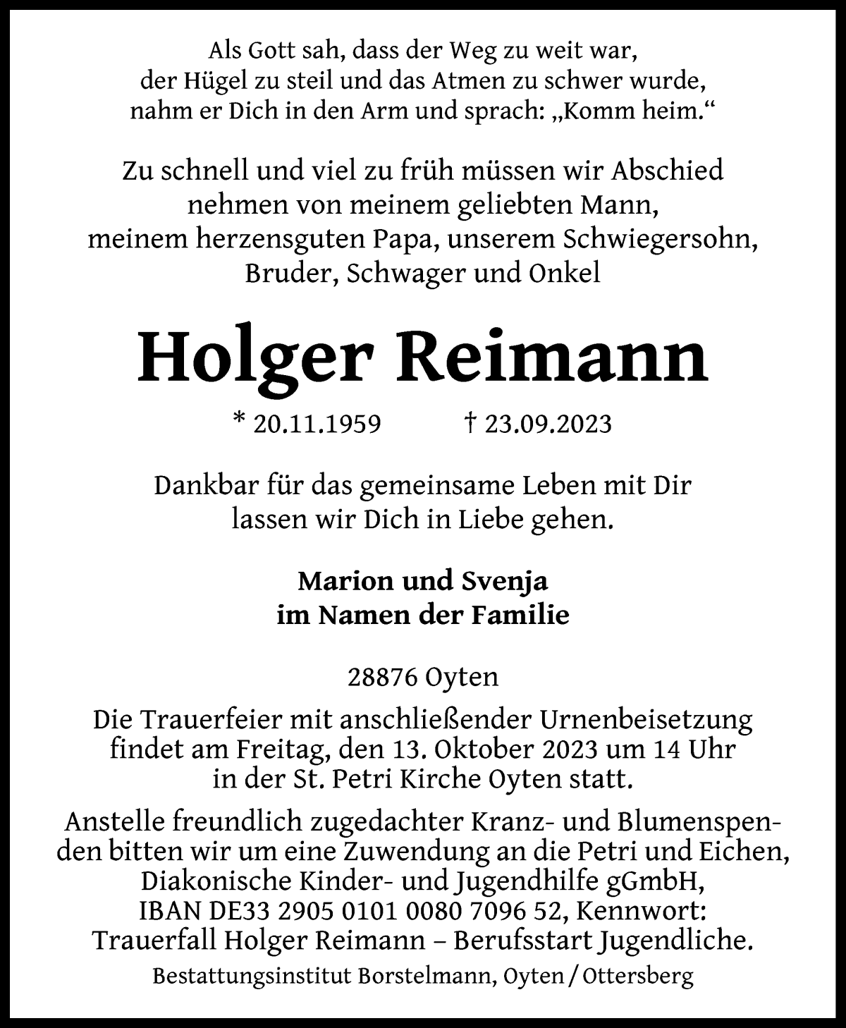 Traueranzeige von Holger Reimann von WESER-KURIER