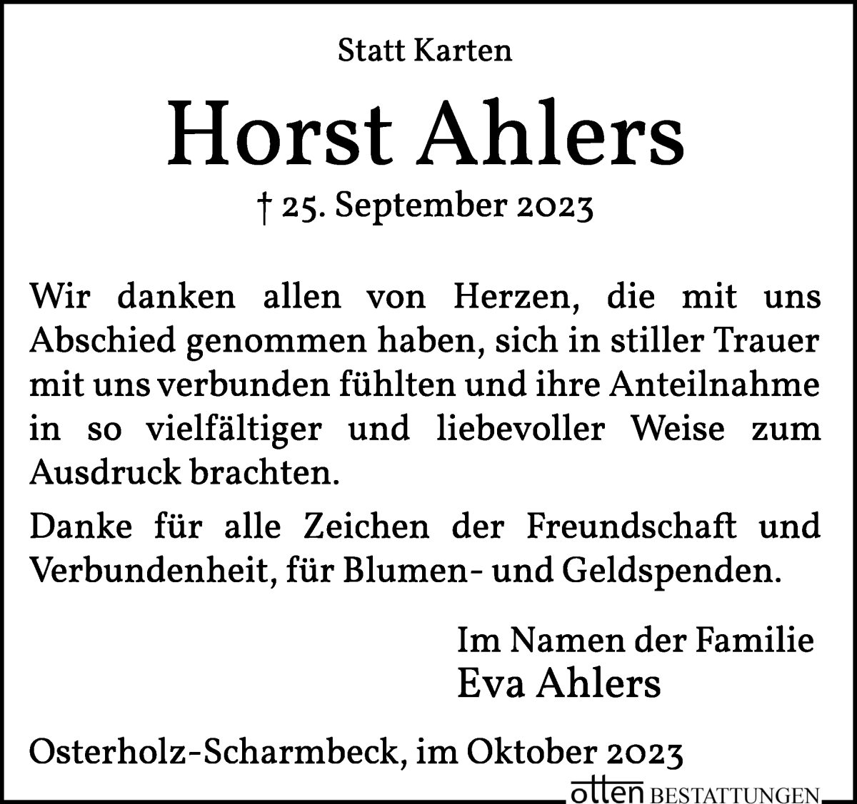 Traueranzeige von Horst Ahlers von Osterholzer Kreisblatt