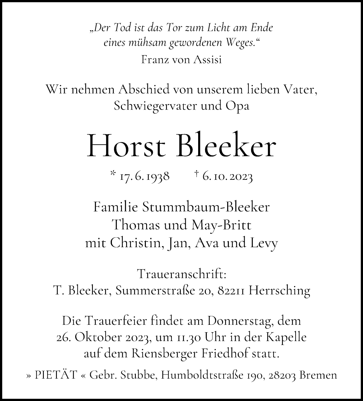 Traueranzeige von Horst Bleeker von WESER-KURIER