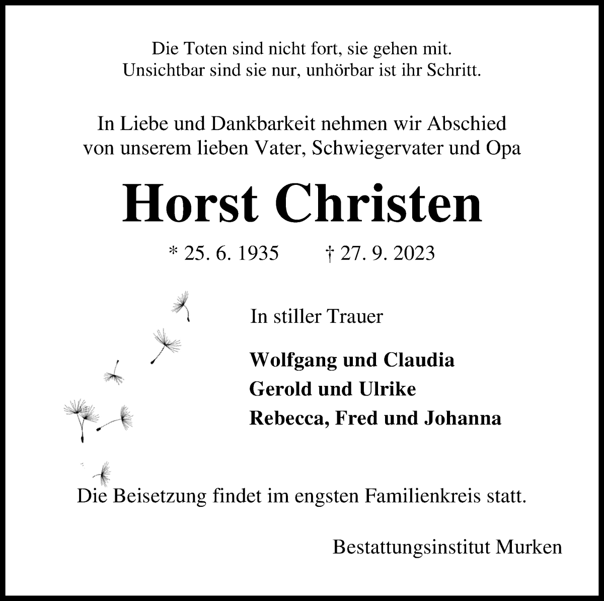 Traueranzeige von Horst Christen von Die Norddeutsche