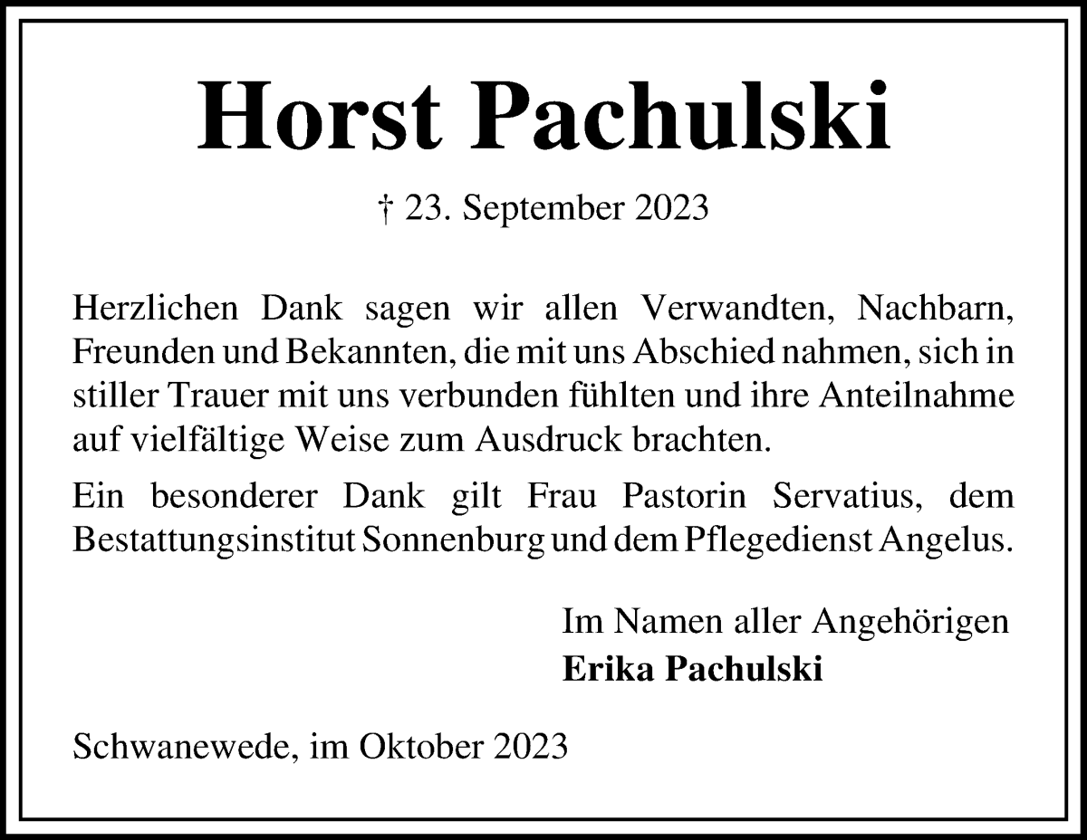 Traueranzeige von Horst Pachulski von Die Norddeutsche