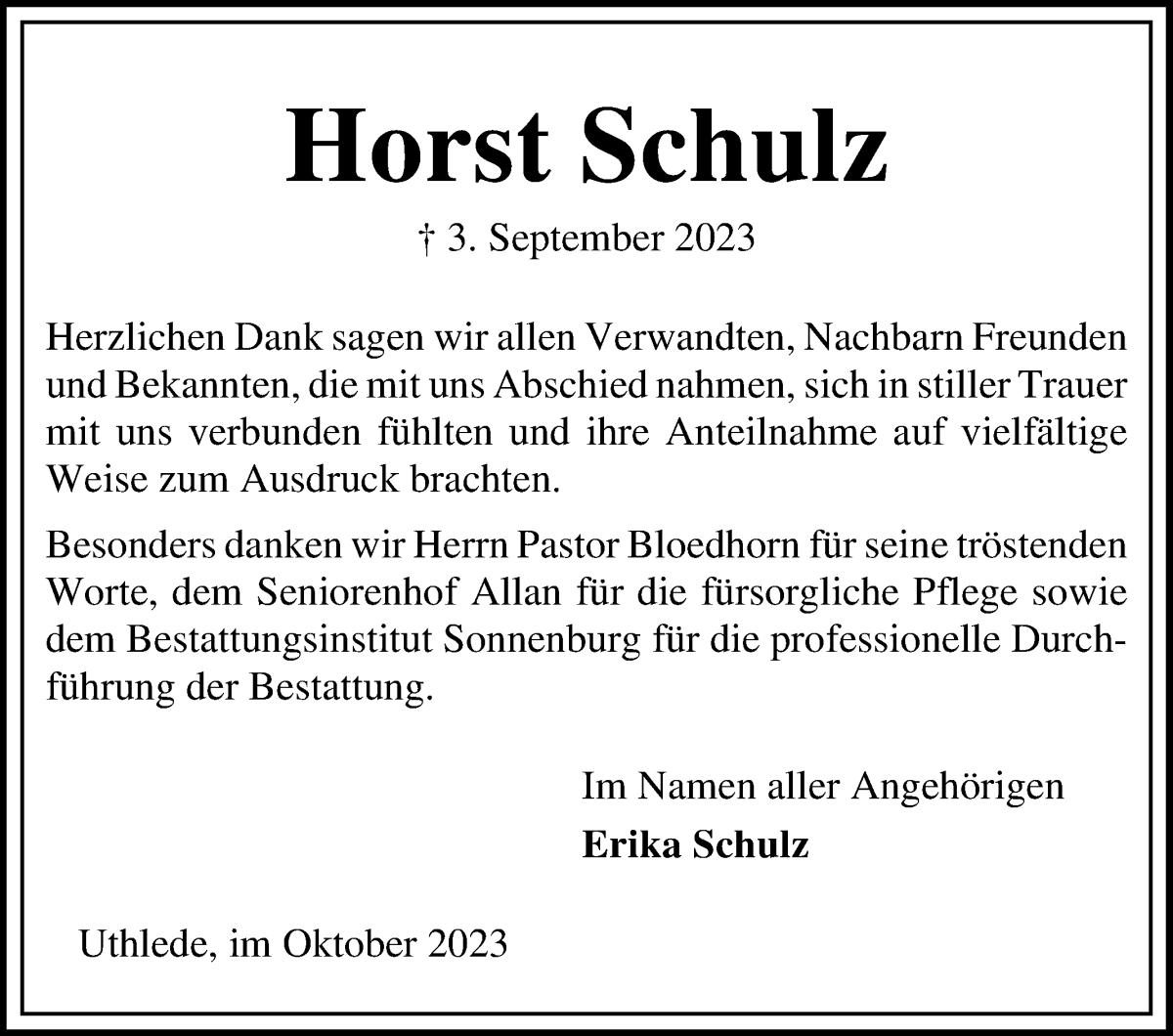 Traueranzeige von Horst Schulz von Die Norddeutsche