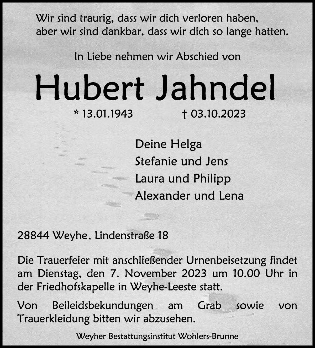 Traueranzeige von Hubert Jahndel von Regionale Rundschau/Syker Kurier