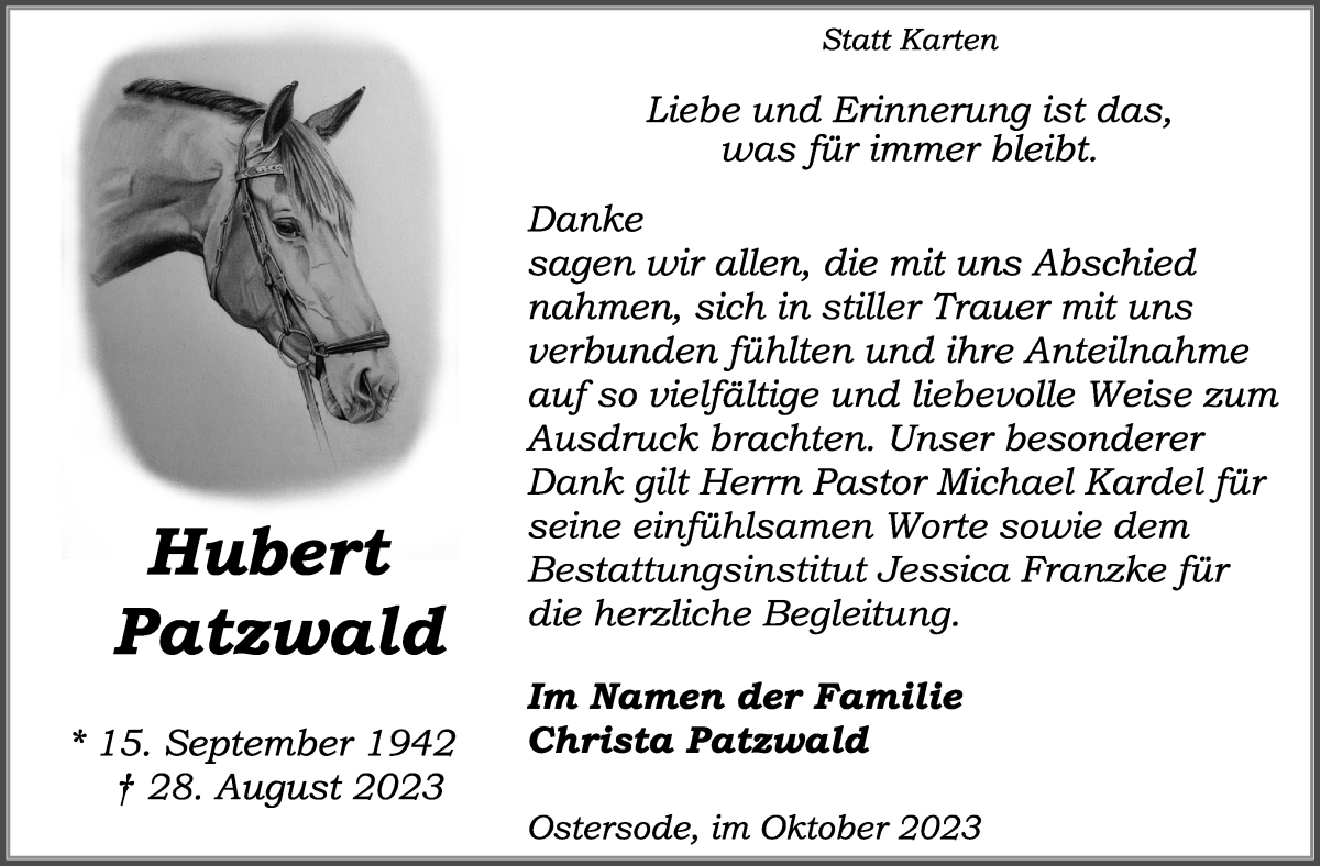 Traueranzeige von Hubert Patzwald von Wuemme Zeitung