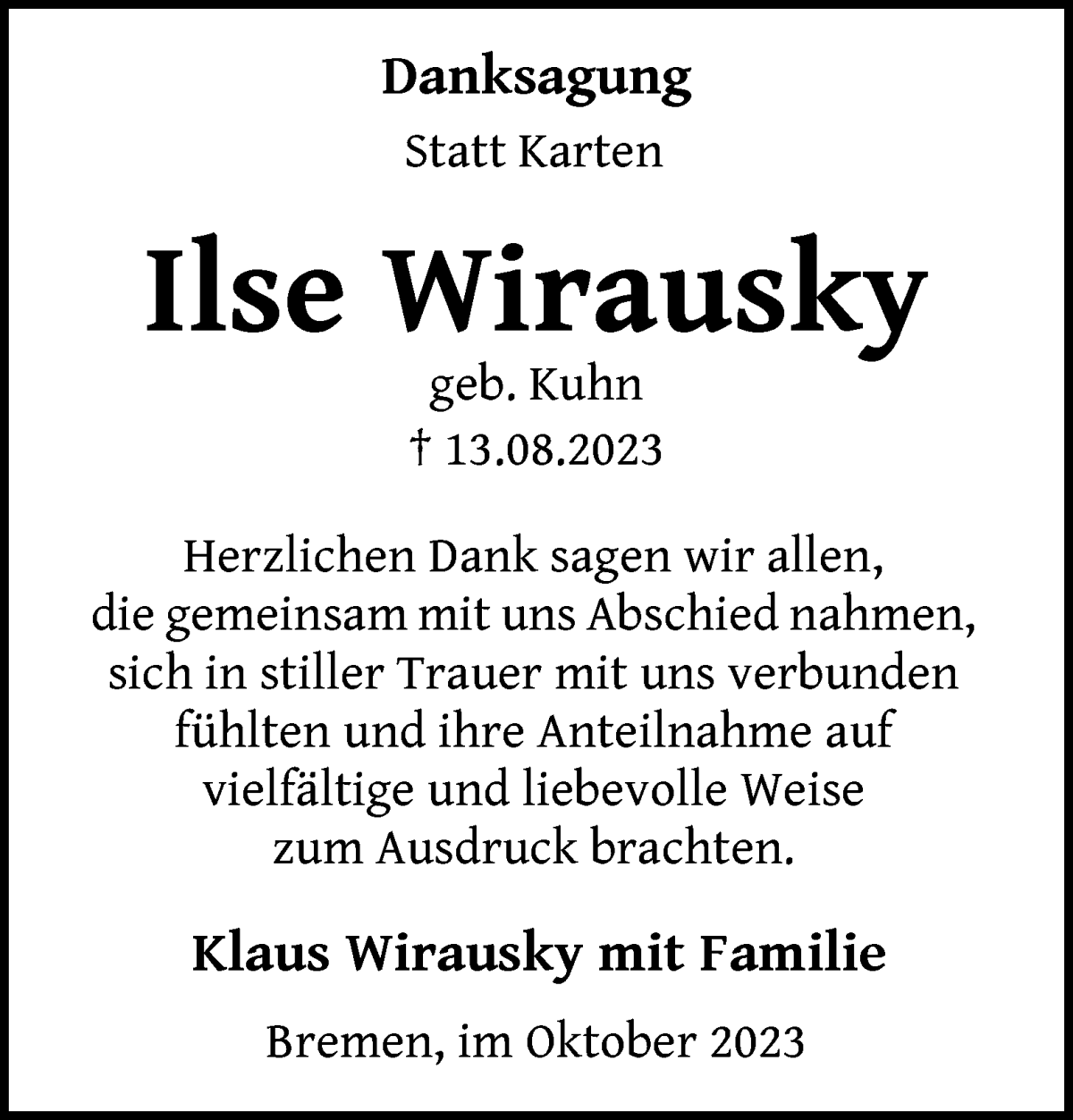 Traueranzeige von Ilse Wirausky von WESER-KURIER
