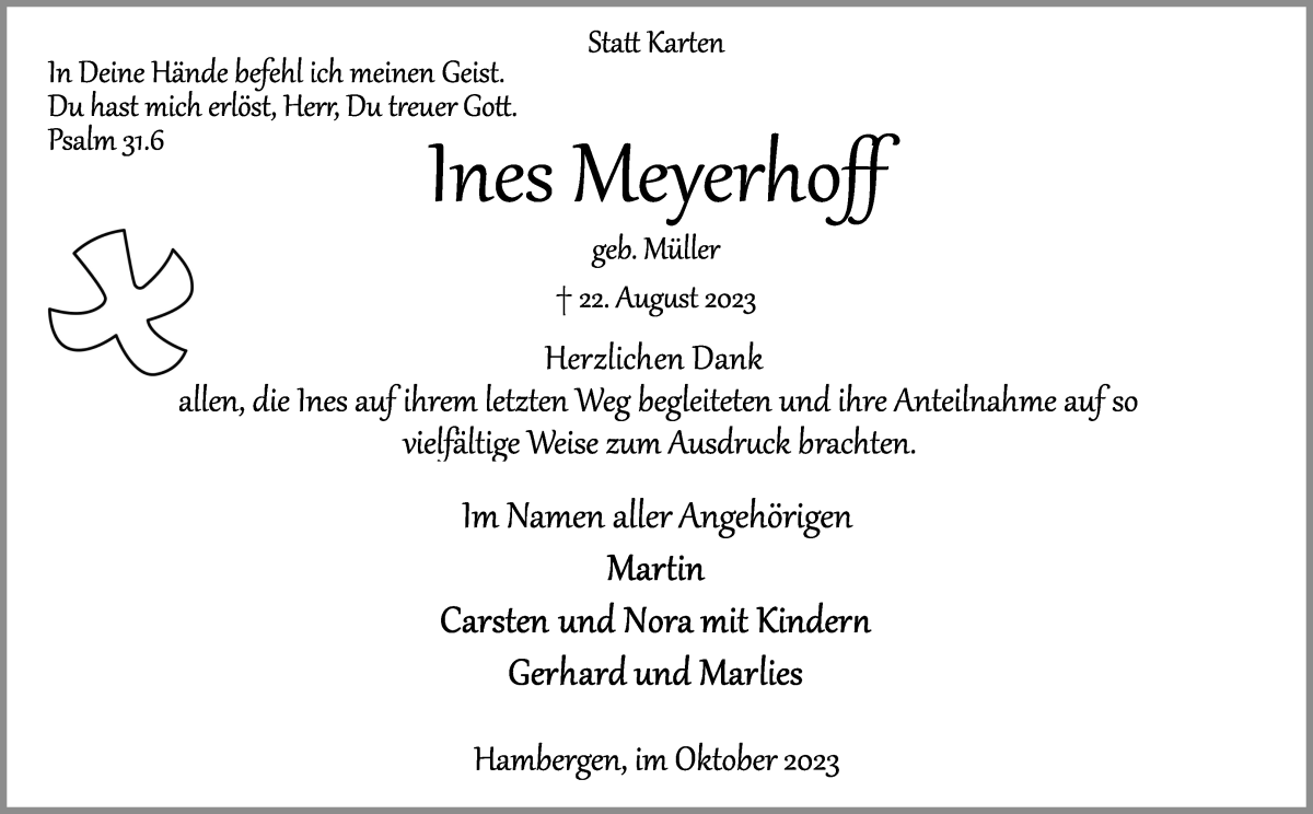 Traueranzeige von Ines Meyerhoff von Osterholzer Kreisblatt