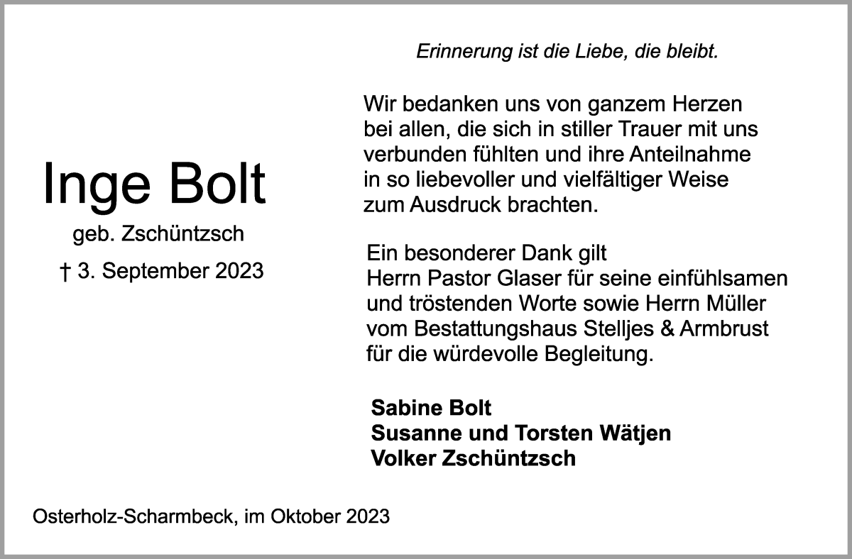 Traueranzeige von Inge Bolt von Osterholzer Kreisblatt