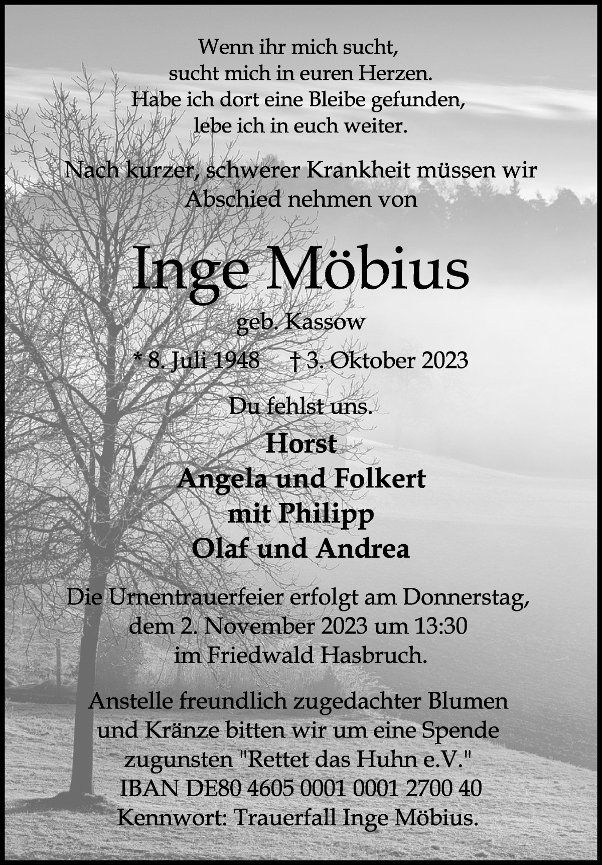Traueranzeige von Inge Möbius von WESER-KURIER