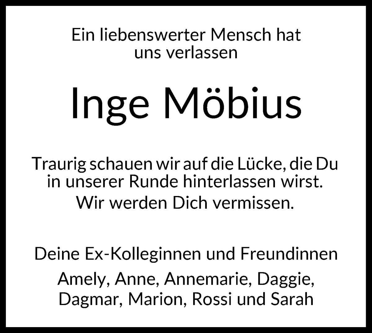 Traueranzeige von Inge Möbius von WESER-KURIER