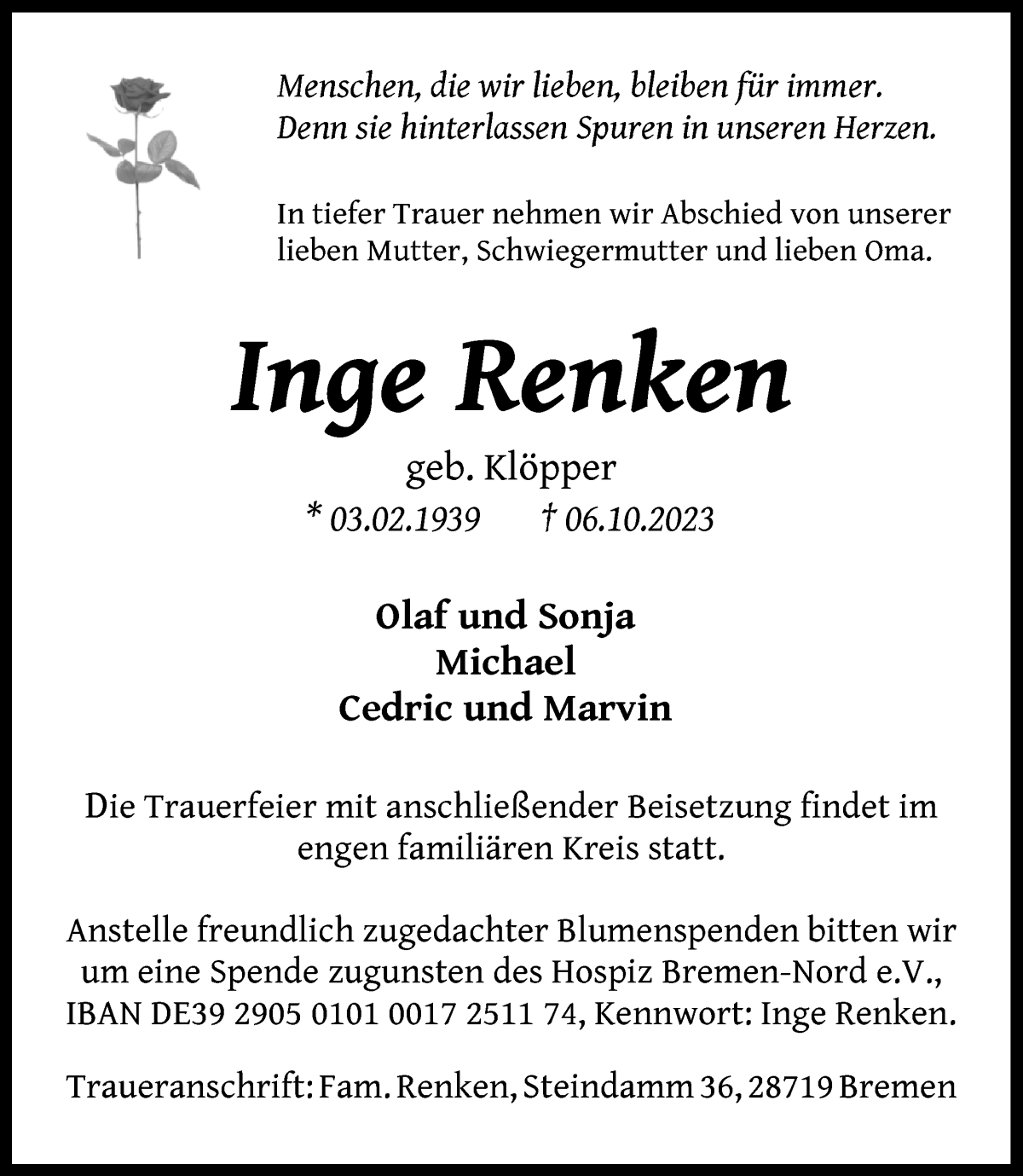 Traueranzeige von Inge Renken von WESER-KURIER
