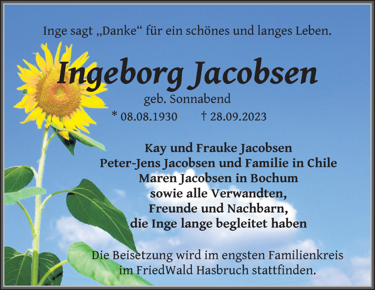 Traueranzeige von Ingeborg Jacobsen von WESER-KURIER