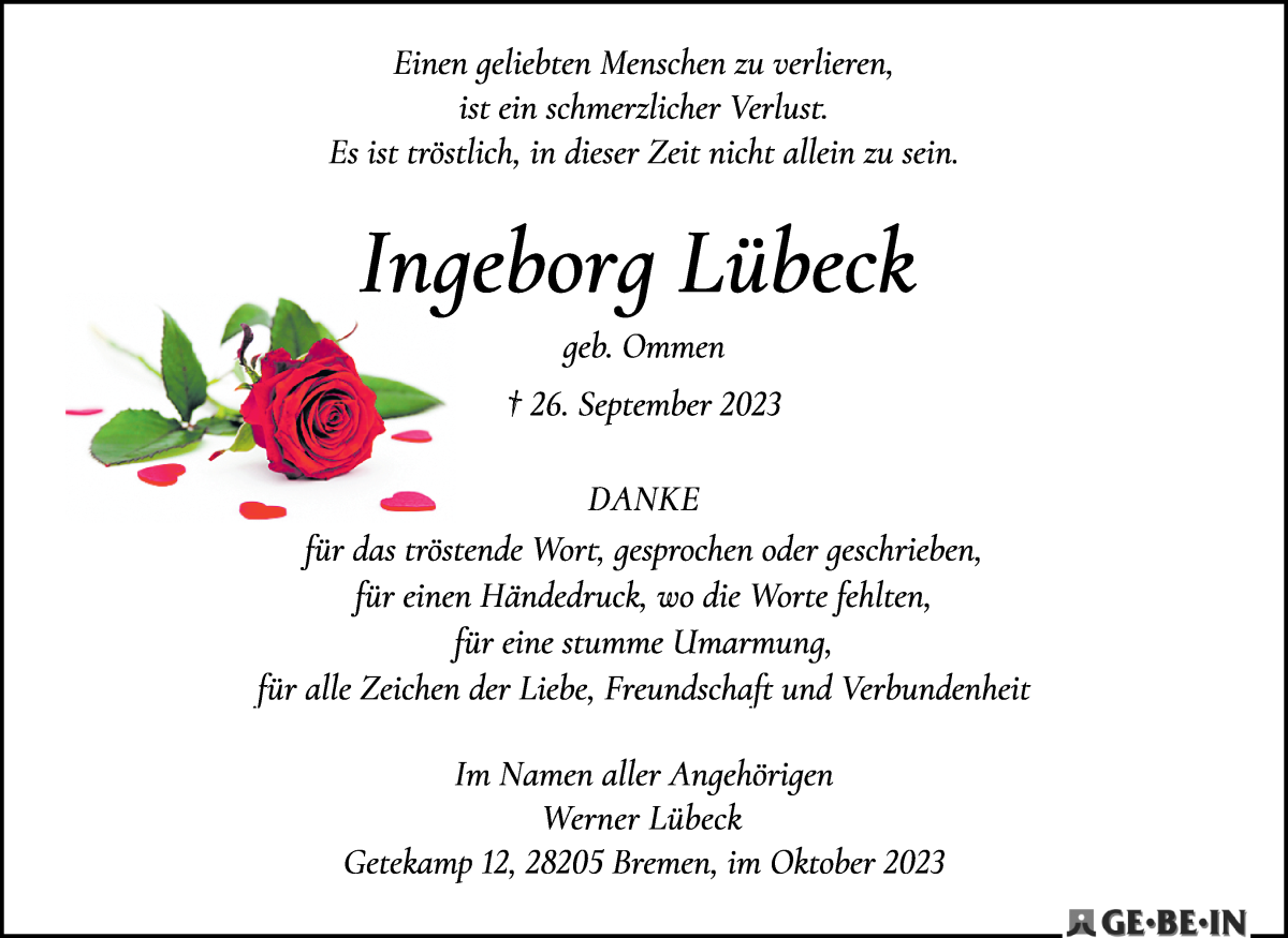 Traueranzeige von Ingeborg Lübeck von WESER-KURIER