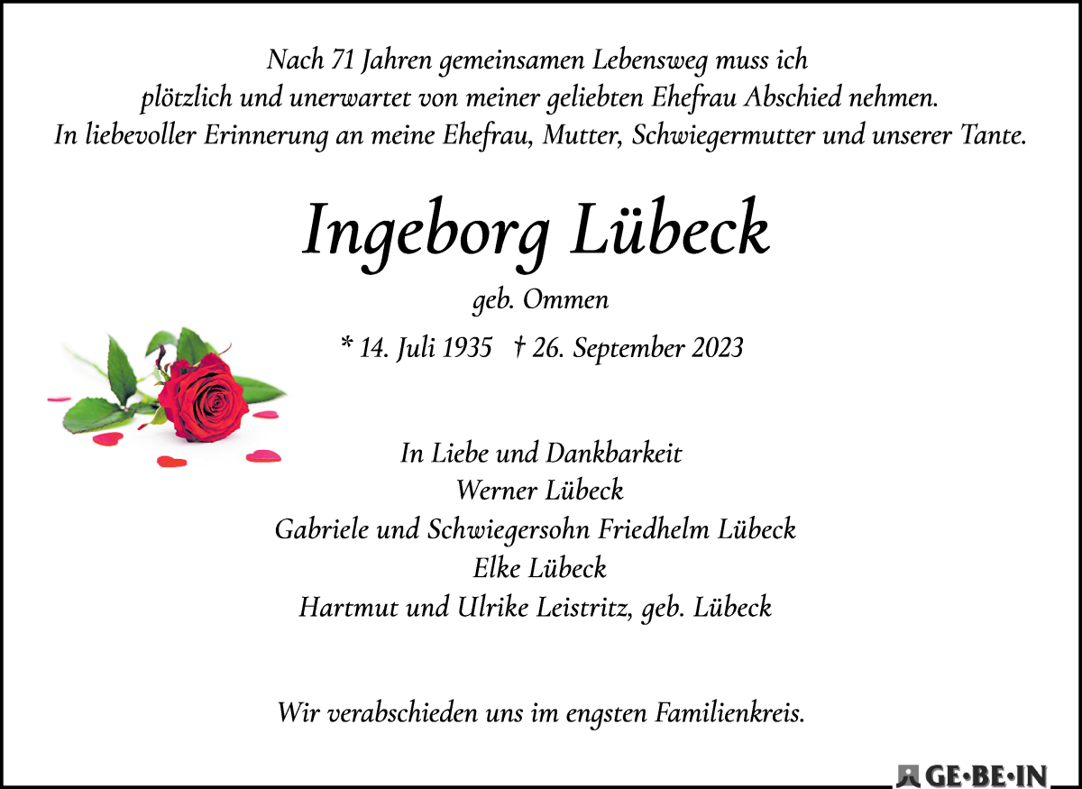 Traueranzeige von Ingeborg Lübeck von WESER-KURIER