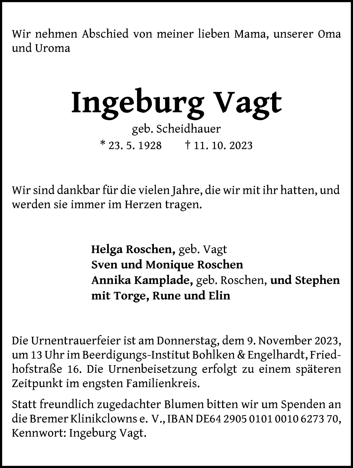 Traueranzeige von Ingeburg Vagt von WESER-KURIER