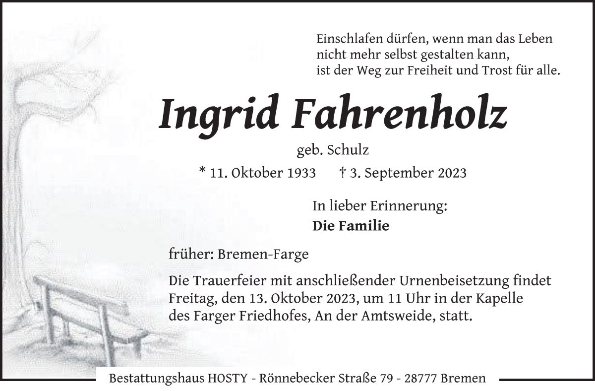 Traueranzeige von Ingrid Fahrenholz von Die Norddeutsche