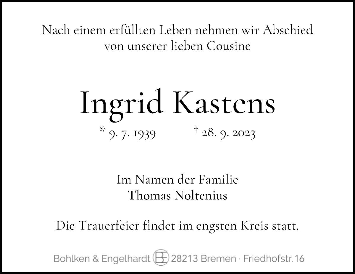 Traueranzeige von Ingrid Kastens von WESER-KURIER