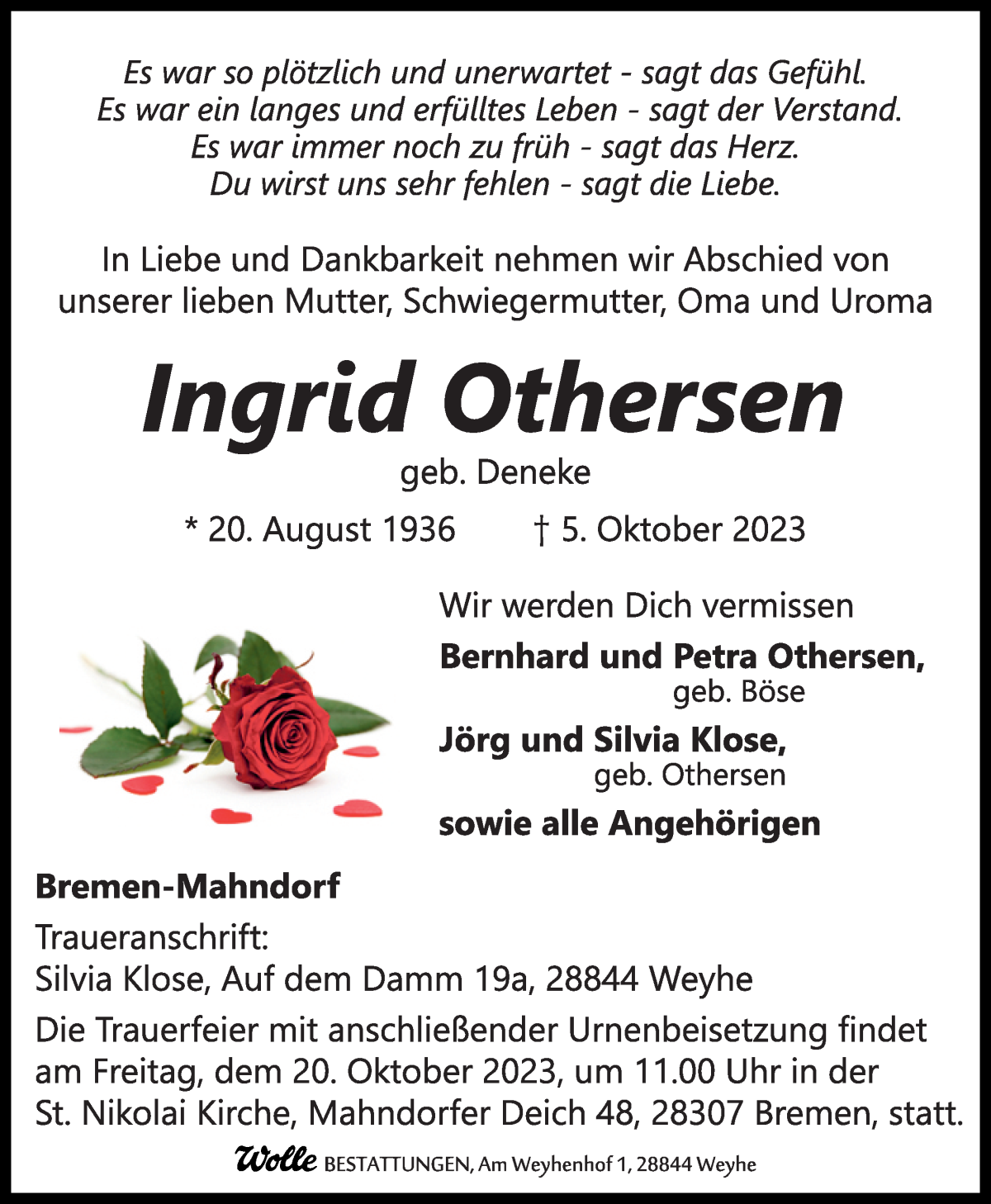 Traueranzeige von Ingrid Othersen von WESER-KURIER