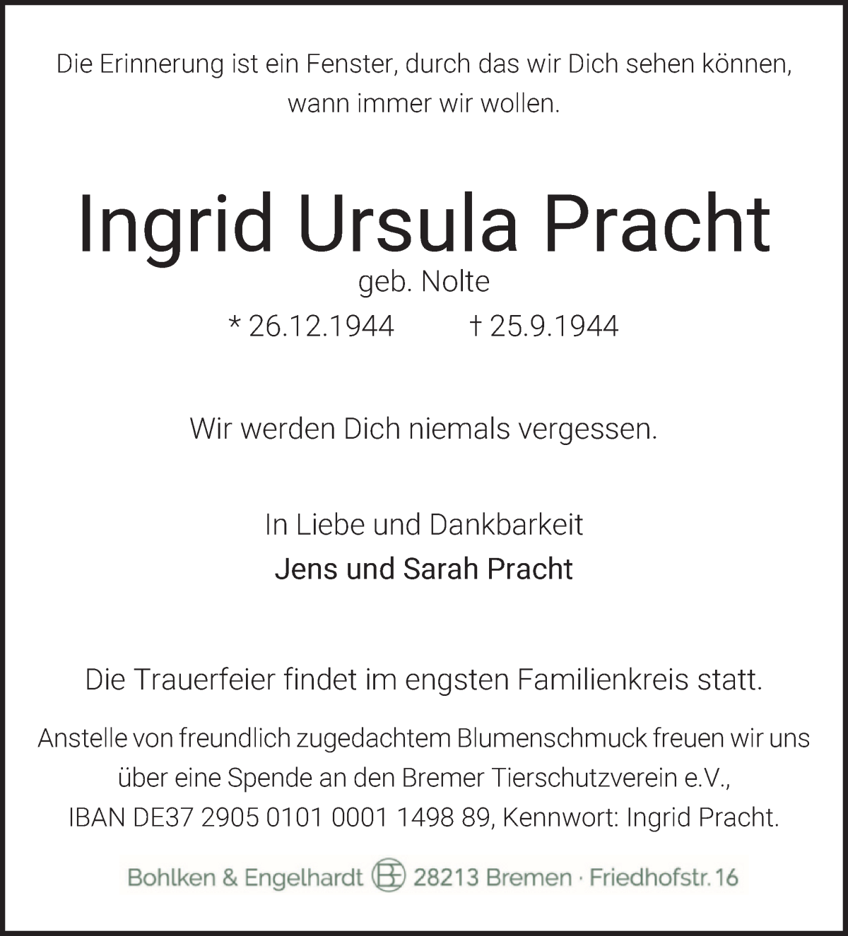 Traueranzeige von Ingrid Pracht von WESER-KURIER