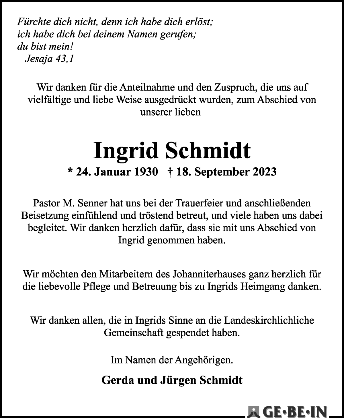 Traueranzeige von Ingrid Schmidt von WESER-KURIER