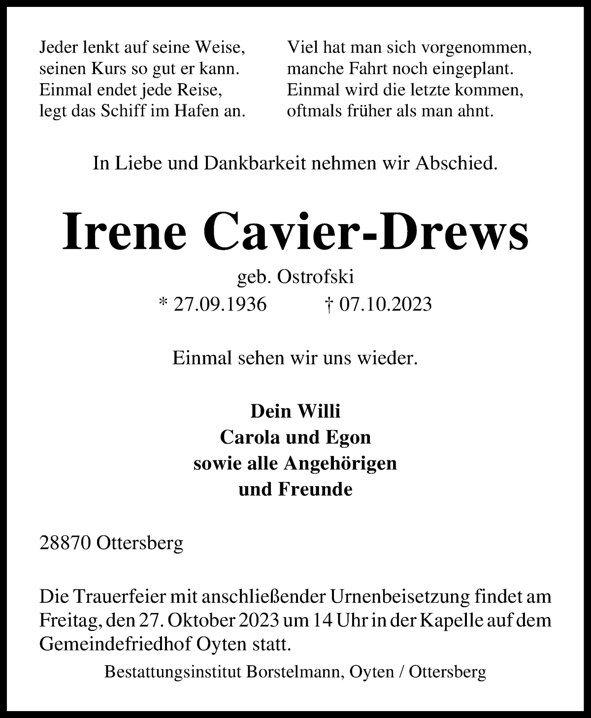 Traueranzeige von Irene Cavier-Drews von WESER-KURIER