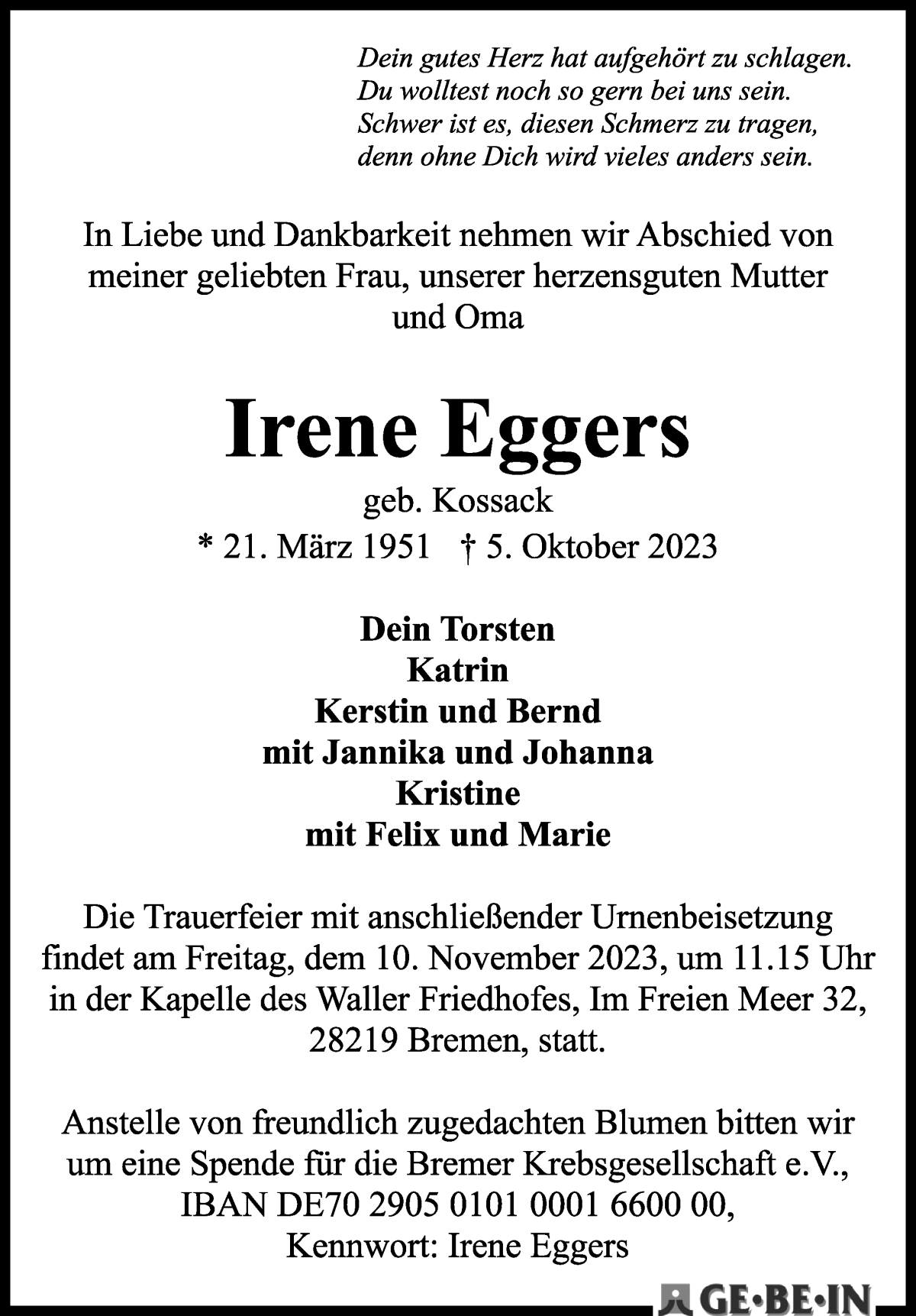 Traueranzeige von Irene Eggers von WESER-KURIER
