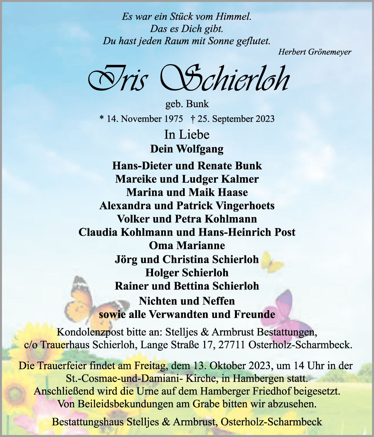 Traueranzeige von Iris Schierloh von Osterholzer Kreisblatt