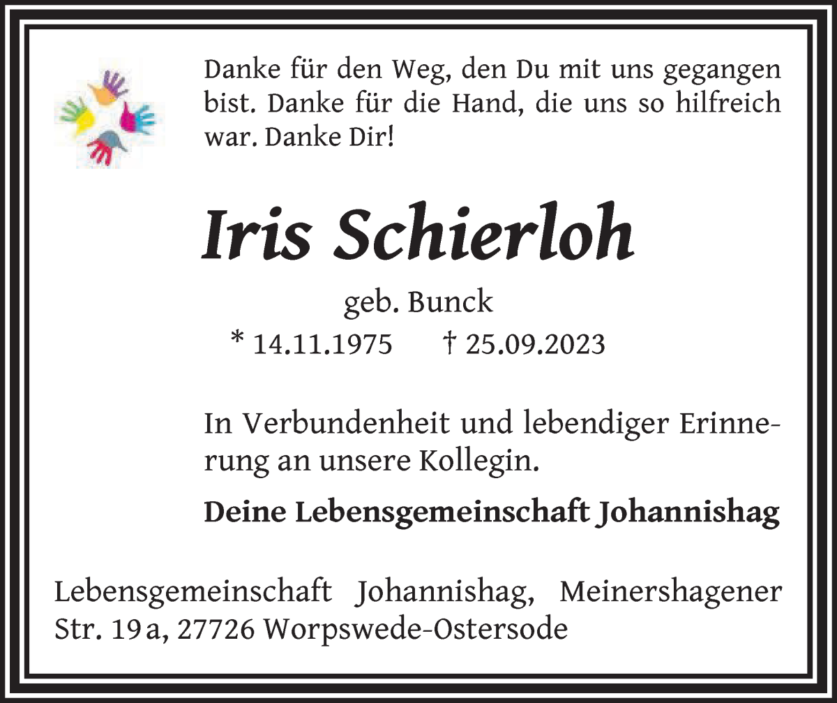Traueranzeige von Iris Schirloh von Osterholzer Kreisblatt
