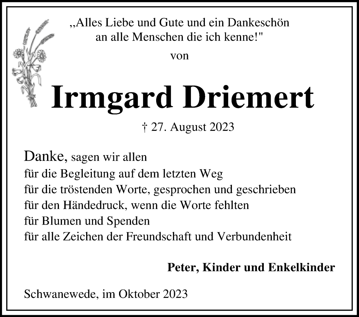 Traueranzeige von Irmgard Driemert von Die Norddeutsche