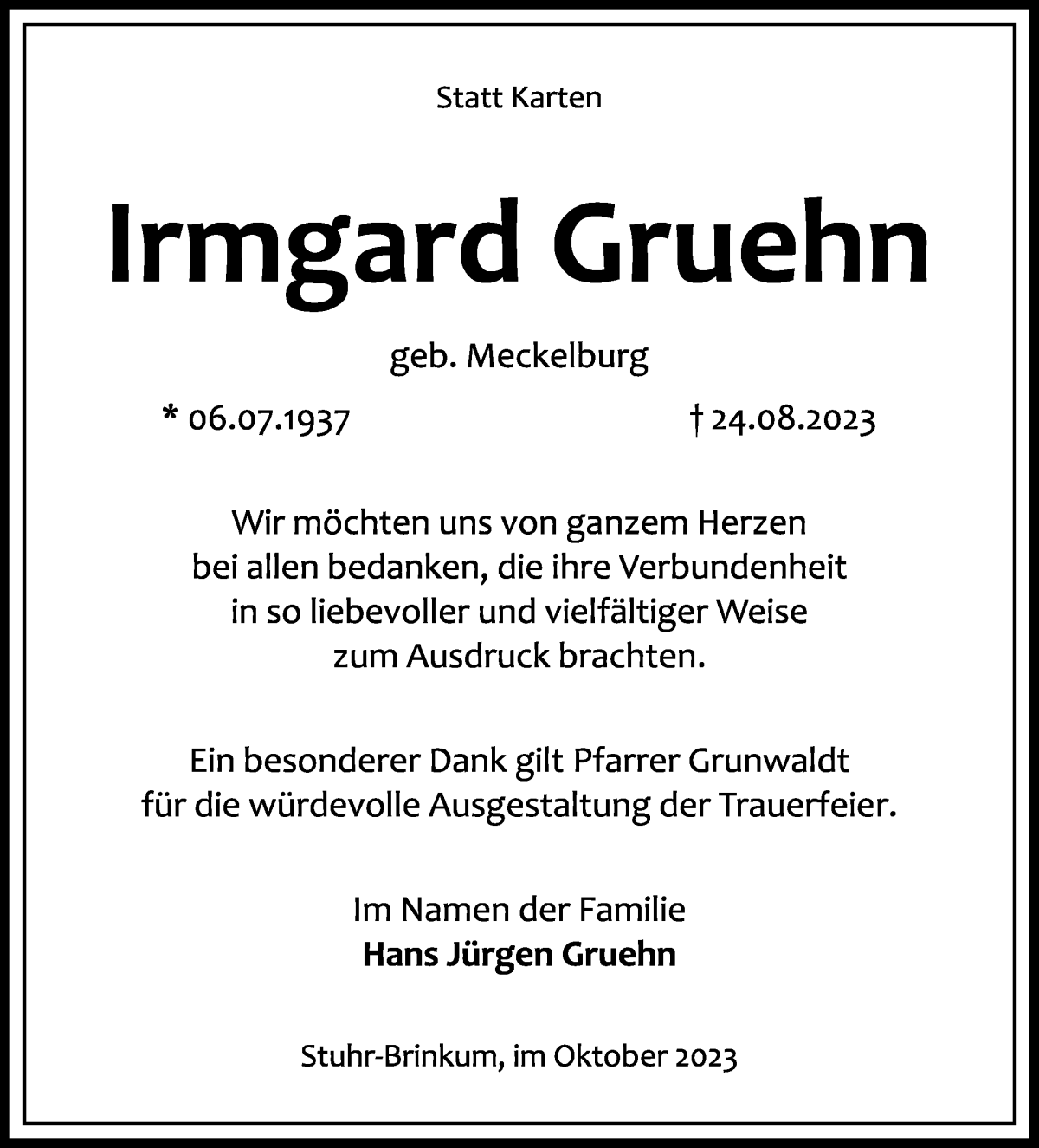 Traueranzeige von Irmgard Grühn von WESER-KURIER
