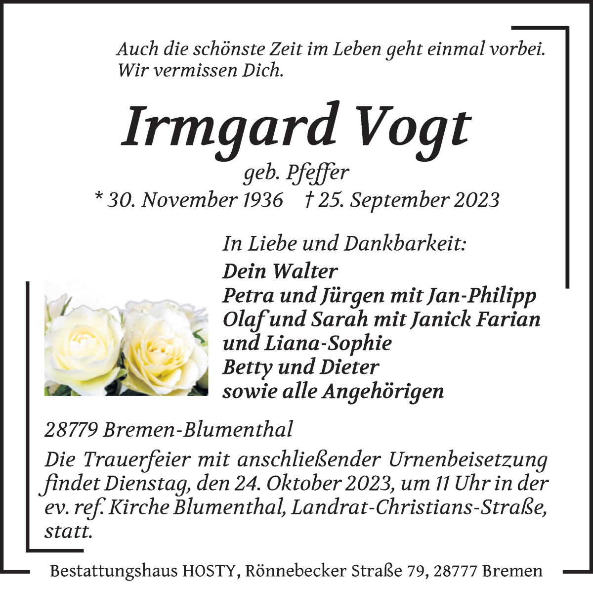 Traueranzeige von Irmgard Vogt von Die Norddeutsche