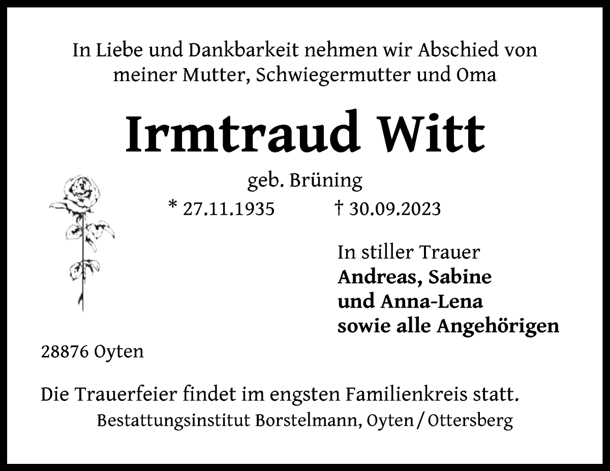 Traueranzeige von Irmtraud Witt von WESER-KURIER