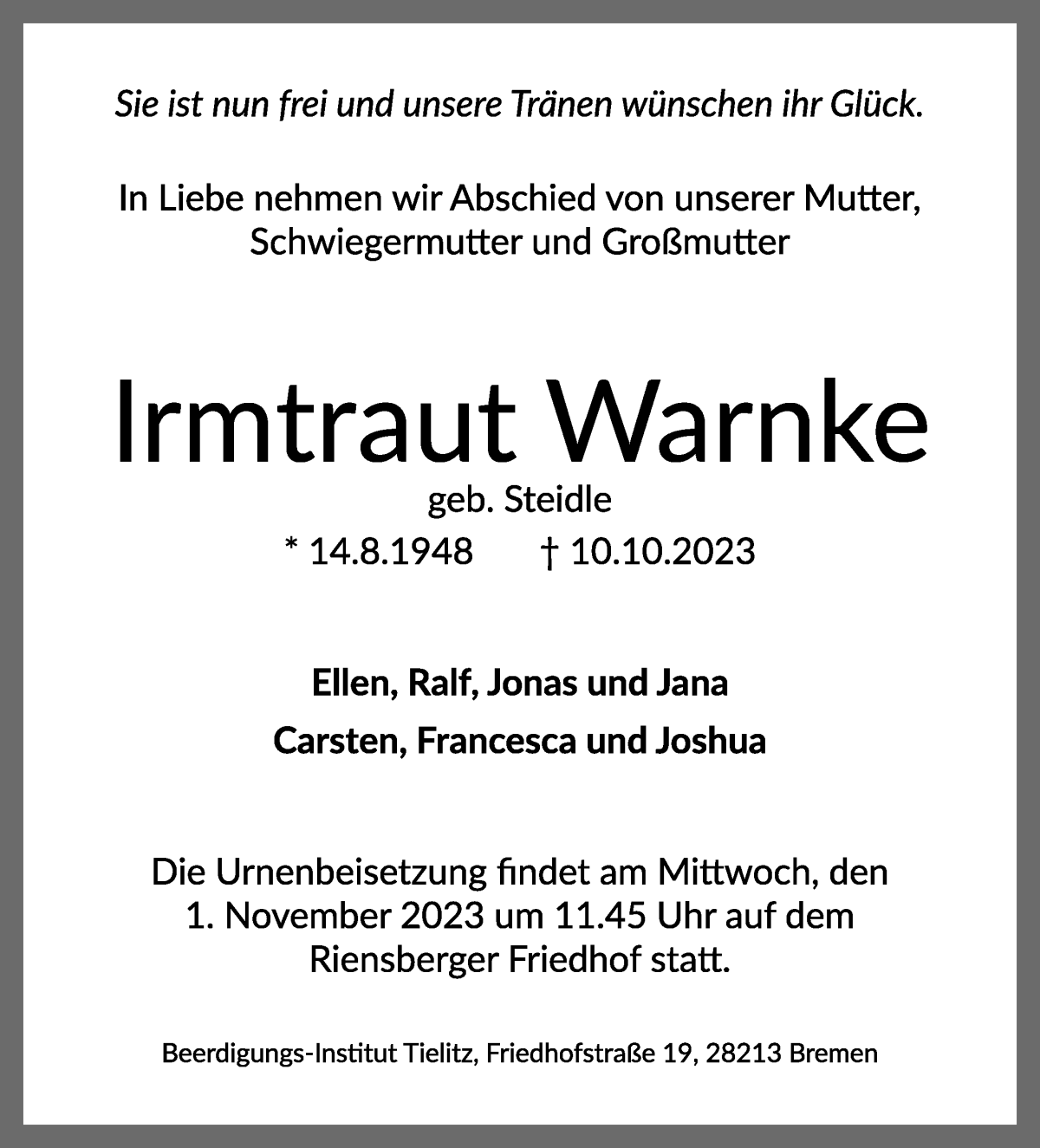 Traueranzeige von Irmtraut Warnke von WESER-KURIER