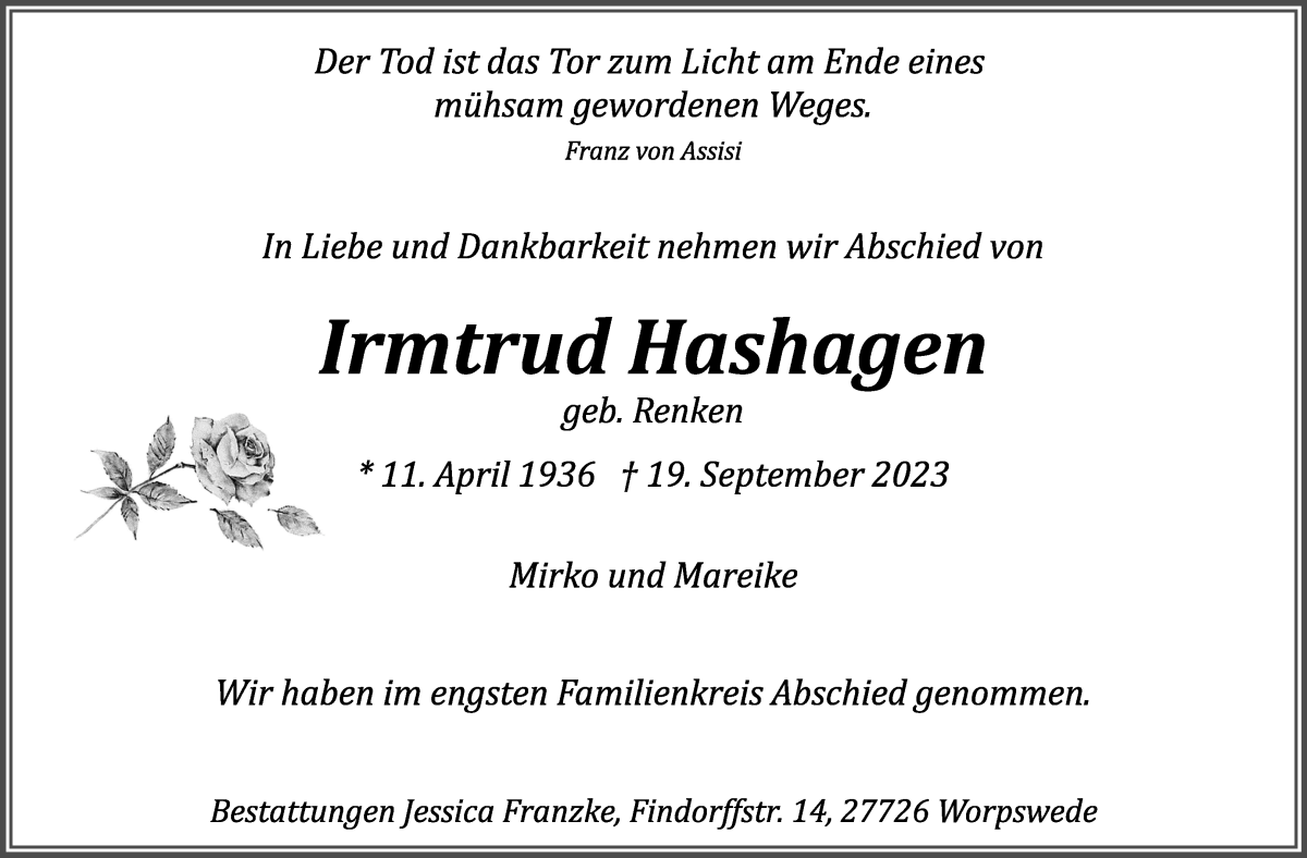 Traueranzeige von Irmtrud Hashagen von Osterholzer Kreisblatt